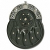 Sporran is made of genuine leather (black), nickel plated brass cantle with Celtic design, and studded shield design on the front.  Chain sporran belt included.